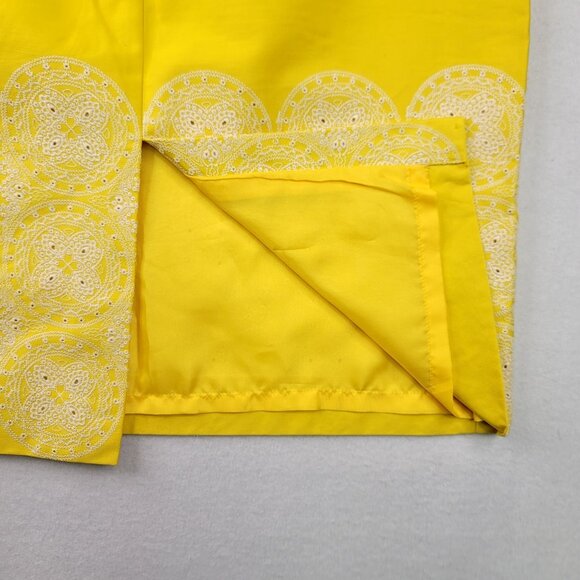 Black Label Talbots Lined Yellow Cotton Pencil Skirt White Embroidery Zip Sz 4 - Picture 4 of 9